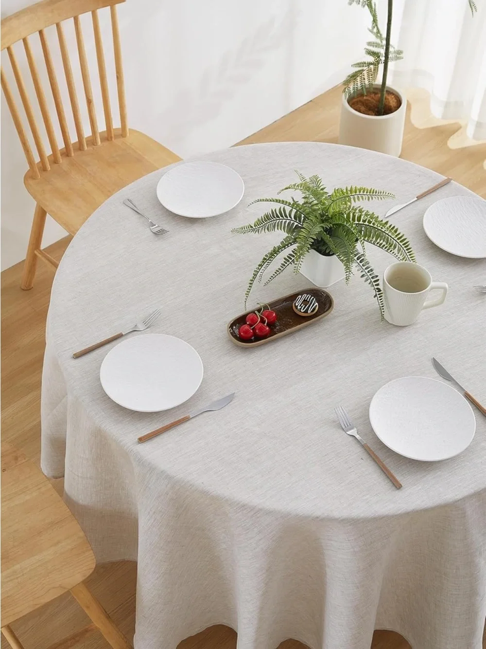 NEW 100% French Flax Linen Round Tablecloth 80”, Natural Linen